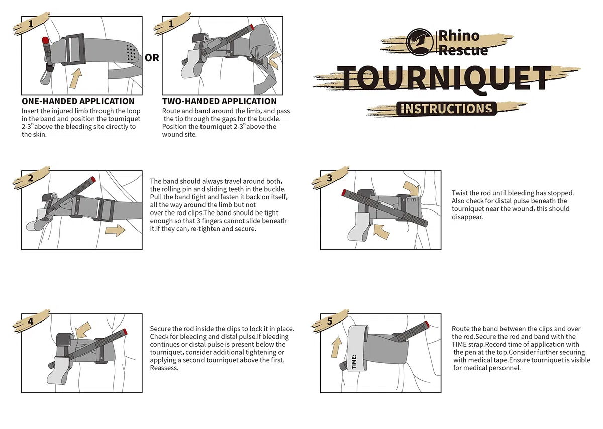 RHINO RESCUE Tourniquet Médical à Une Main, Kit de Premiers Secours D'urgence, Contrôle de Perte de Sang, EMT Mil-Spec Tactique avec Treuil Métal (2 PCS)