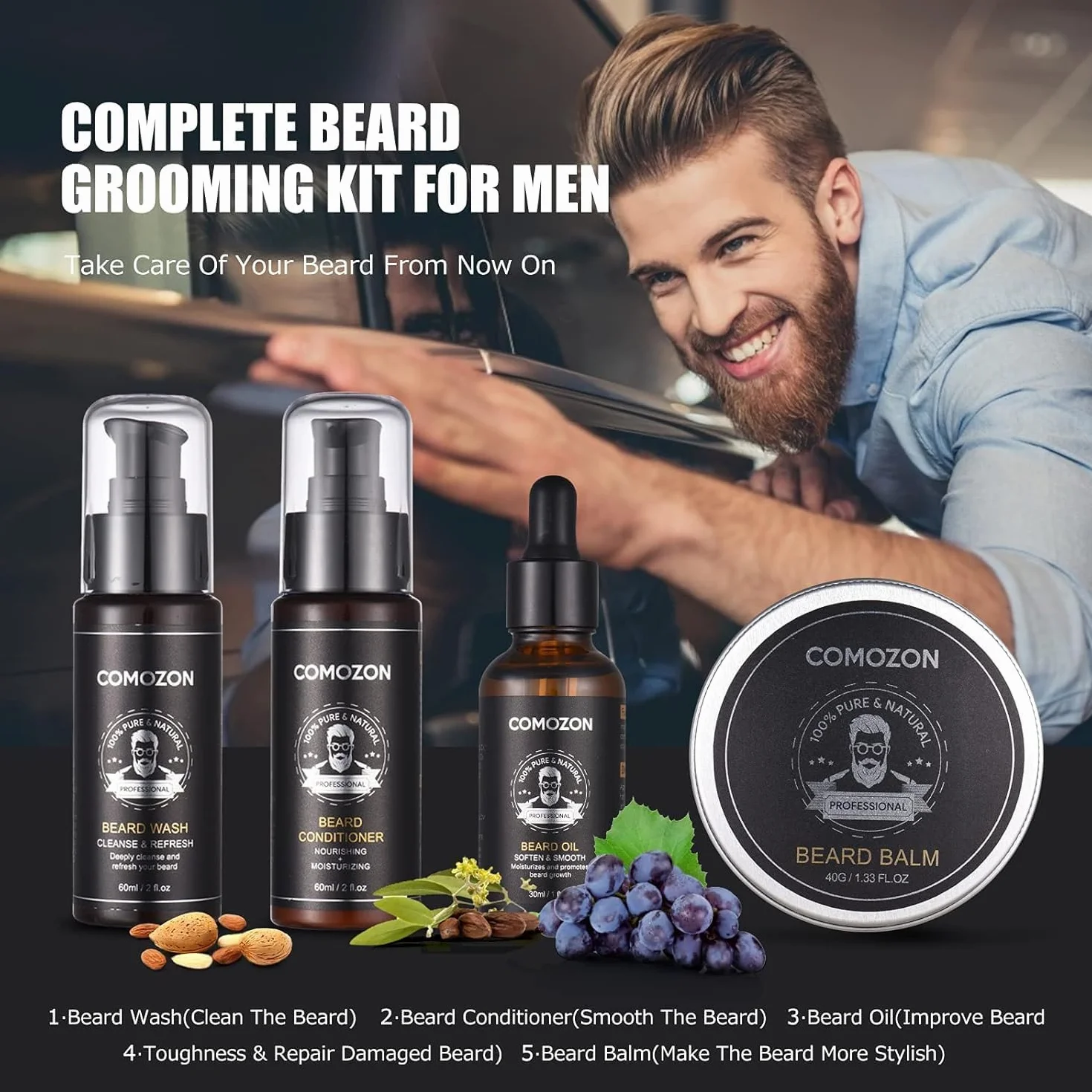 Kit Barbe Homme Complet 12 en 1, Soin Barbe avec Huile, Shampoing, Crème, Peigne, Ciseaux, Brosse, Rasoir